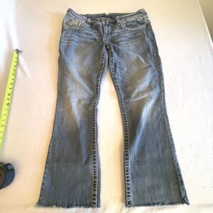 Vigoss Y2K Embroidered NY Slim Boot Jeans Womens 15/16 Raw Hem Distressed Light